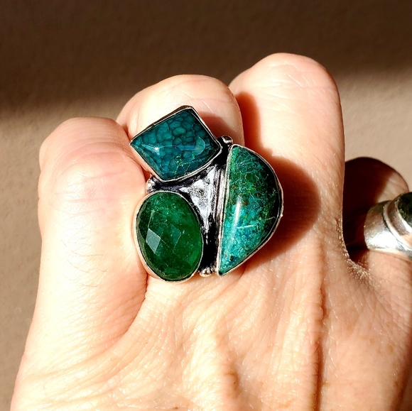 New Chrysocolla, Dragon Veins Agate, Emerald 925 Silver Ring. - Picture 6 of 16